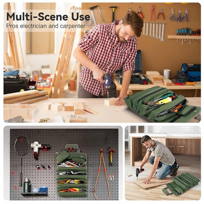 Roll Up Tool Bag, Heavy Duty Roll Up Tool Bag Organizer, Motorcycle Tool Roll Bag Organizer, Foldable Portable Tool Bags, Men's Gift Suitable for Mechanics Welding Electricians (Green)