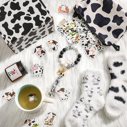 Honeydak Cow Gifts Set for Women Cow Printed Accessories Includes Makeup Bag Gift Box Cute Socks Keychain Mug Scented Candle Stickers for Christmas and Birthday Party Gifts - style: Cow