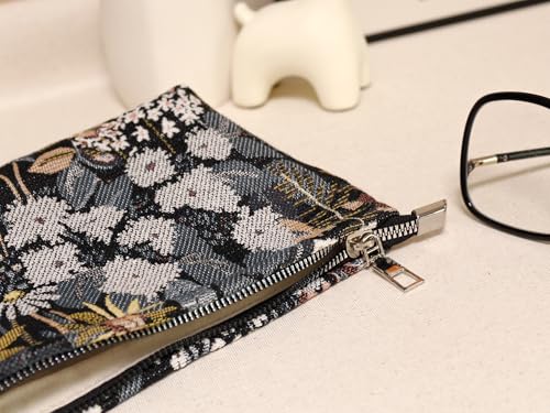 HAPPYHEIDI Cute Floral Makeup Bag Cosmetic Travel Pouch with Bottom and Zipper, Purse Make Up Organizer, Aesthetic Textured Fabric, Medium - color: Classic Black Floral Medium