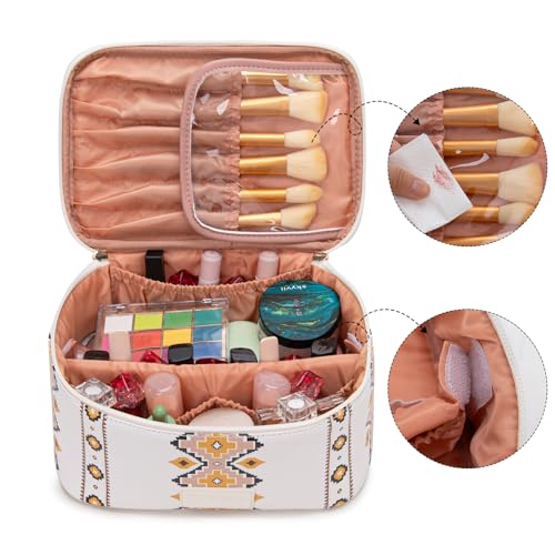 Montana West X Wrangler Travel Makeup Bag 2pcs Set Large Cosmetic Bag with Makeup Brush Holder Portable Make Up Organizer Cute Toiletry Bag with Divider and Handle for Women Aztec - color: Tan