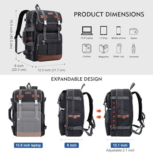 WITZMAN Canvas Travel Backpack for Men Large Laptop Backpack Fit 16 inch Carry-on Airline Approved Convertible Shoulder Rucksack(A6617-3 Black) - color: Black