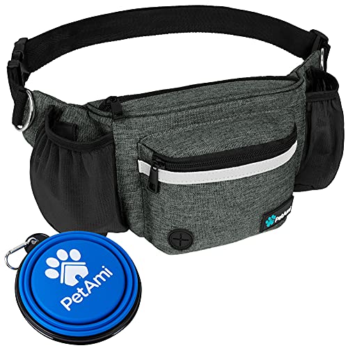 PetAmi Dog Fanny Pack, Treat Pouch for Dog Walking, Training, Built in Poop Bag Dispenser, Water Bottle Holder, Collapsible Bowl, Pet Treat Waist Belt for Hiking, Running, Kibbles (Charcoal) - color: Charcoal