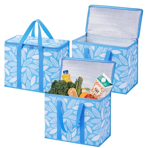 VENO 3 Pack Insulated Cooler Bag, Reusable Grocery Shopping Bag for Food Delivery, Heavy Duty, Large Size, Durable Handles, Double Zippers, Lid, Collapsible (Spring Breeze, 3 Pack) - color: Spring Breeze, size: 3 Pack