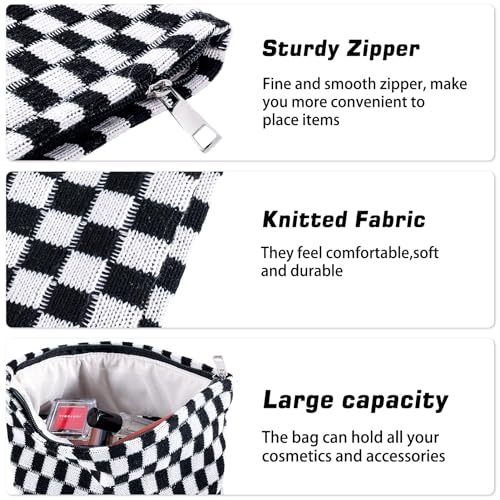 ZLFSRQ 3Pcs Checkered Makeup Bag for Women Large Small Checkered Cosmetic Bag Set Aesthetic Preppy Pencil Case Cute Pencil Pouch Black Makeup Pouch for Purse Travel Toiletry Bags Zipper Skincare Bags - color: B-Checkered 3Pcs Mix Black