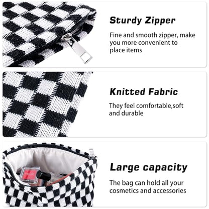 ZLFSRQ 3Pcs Checkered Makeup Bag for Women Large Small Checkered Cosmetic Bag Set Aesthetic Preppy Pencil Case Cute Pencil Pouch Black Makeup Pouch for Purse Travel Toiletry Bags Zipper Skincare Bags - color: B-Checkered 3Pcs Mix Black