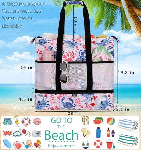 JIANYA Beach Bag Women Waterproof Sandproof Beach Tote Bags with Cooler Top Zipper Large Totes for Pool Travel Daily - color: Blue Crab