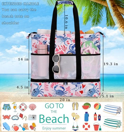 JIANYA Beach Bag Women Waterproof Sandproof Beach Tote Bags with Cooler Top Zipper Large Totes for Pool Travel Daily - color: Blue Crab