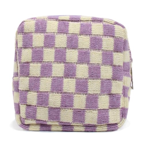Small Purple Makeup Bag for Purse, Mini Checkered Cosmetic Bag Zipper Cute Make Up Pouch Travel Toiletry Bag Quilted Aesthetic Accessories Makeup Storage Bag Organizer for Women Girls - color: Mini Purple