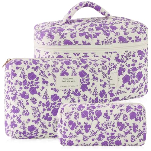 URSKYTOUS 3Pcs Cotton Quilted Makeup Bag for Women Girls Large Small Travel Portable Cosmetic Bag Set Cute Purple Floral Zipper Make Up Pouch Coquette Aesthetic Storage Toiletry Organizer Case - color: MJ 3PCS Purple Floral