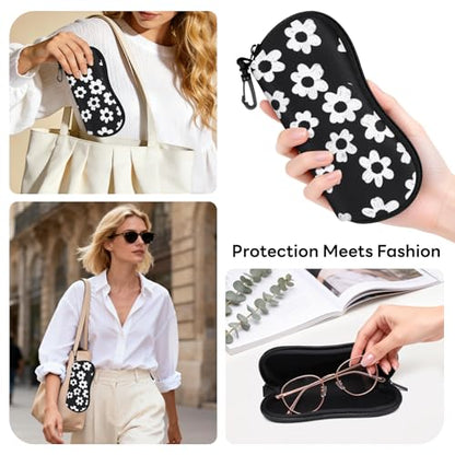 Sunglasses Case with Belt Clip, Ultra Light Neoprene Zipper Soft Padded Glasses Case for Women Men - color: Flowers