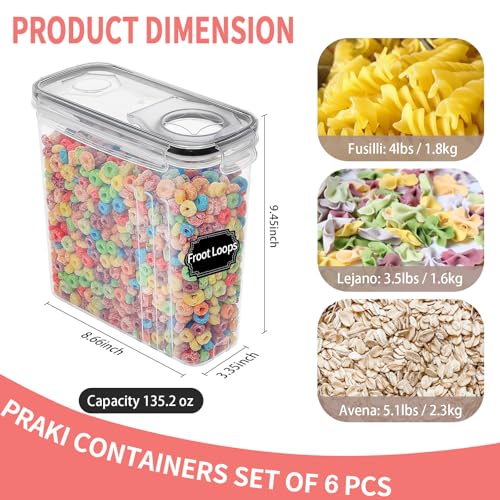 PRAKI Large Dry Food Storage Containers with Lids, 6PCS Airtight Cereal Containers Storage Set, Leak-proof Canister Set for Kitchen Pantry Organization with 20 Labels & Marker (4L Black)
