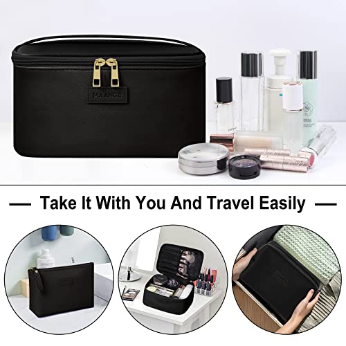 MAANGE Makeup Bag - Large Cosmetic Bag with 2pcs Small Makeup Bags Portable Leather Travel Makeup Bag Set Toiletry Bag Make Up Bags for Women and Girls (Black) - color: Black