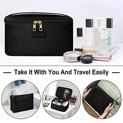 MAANGE Makeup Bag - Large Cosmetic Bag with 2pcs Small Makeup Bags Portable Leather Travel Makeup Bag Set Toiletry Bag Make Up Bags for Women and Girls (Black) - color: Black