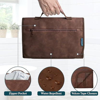 PAVILIA Hanging Toiletry Bag for Women Men, Large Foldable Toiletries Organizer with Hook, Water-Resistant Makeup Cosmetic Rollup Case, Clear Pockets for Bathroom, Gym, Cruise (Brown) - color: Brown