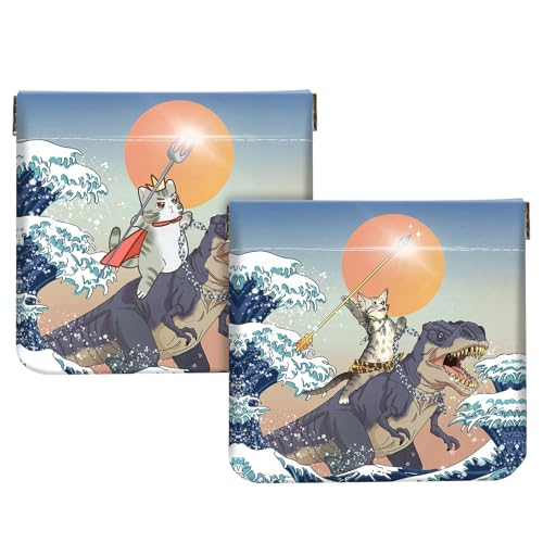 2Pcs PU Leather Small Squeeze Coin Purse Pouch Mini coin Bag Unique And Cute Wallet Cosmetic Bags Change Bag For Women Girls Men Cat and Dinosaur - color: Cat and Dinosaur