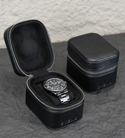 Watch Travel Box, Real Genuine Leather Single Watch Roll Case for Man and Women Watch Packing Storage Organizer with Suede to Protection Zipper Fit All Watches Up to 60mm (1W-Z-BB) - color: 1W-Z-BBL