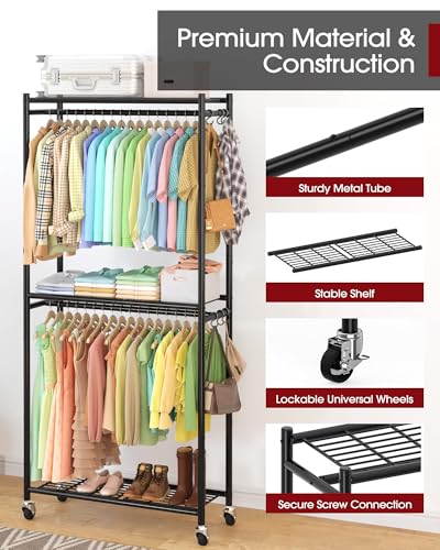 Sakugi Clothes Rack - 33.0" x 12.2" x 79.5" Clothing Rack with Shelves & Wheels, Multi-Functional Wardrobe Closet with Hooks, Sturdy Metal Garment Rack for Bedroom, Laundry, Balcony (Black) - color: Black, size: Large