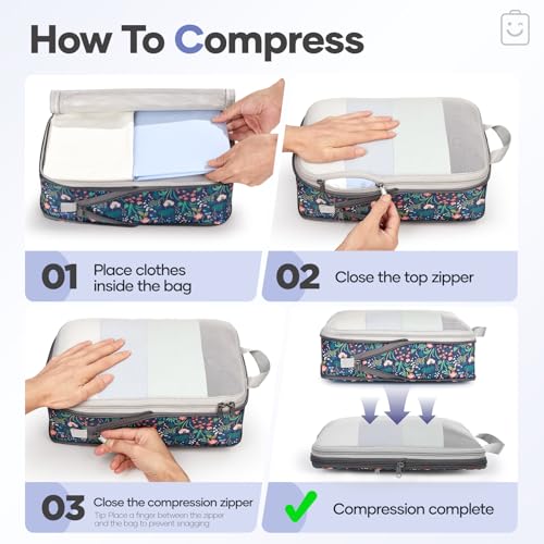 Veken 9/11 Set Compression Packing Cubes for Travel Essentials,Compressible Expandable Large Luggage Suitcase Organizer Bags for Clothing,Durable Space Saver Storage Bags(Dark Blue Floral) - color: Dark Blue Floral, size: 9 set