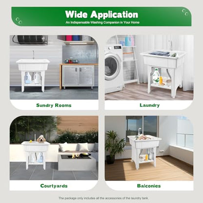 Freestanding Plastic Laundry Sink with Washboard, Indoor Outdoor Utility Sink with Cold and Hot Water Faucet, Hoses and Drain Kit for Laundry Room, Garage, Garden (31.5×22.05×31.5 Inch) - color: White, 31.5 x 22.1 x 31.5in