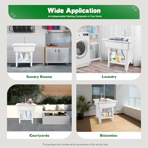 Freestanding Plastic Laundry Sink with Washboard & Hot and Cold Faucet, Portable Hose & Drain Kit for Indoor/Outdoor Use in Laundry Room, Garage, Garden. (White 31 x 22.1 x 31.5in)