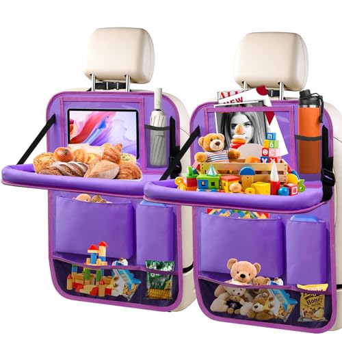 2Pack Car Backseat Organizer with Foldable Table Tray,6 Storage Pockets Car Storage Organizer with Tablet Holder,Car Seat Back Protectors Kick Mats Travel Accessories (Purple) - color: Purple, size: 2 Pack with Food Tray