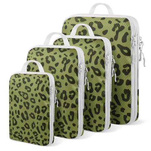 4 Set Compression Packing Cubes For Travel Bags Organizer For Luggage Suitcase Organizer, Compression Bags For Travel Accessories Luggage Storage Set (4 Pcs, Green Leopard) - color: Green Leopard-4pcs, size: Set of 4