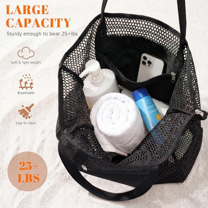 Dntorx Women's Mesh Beach Bag, Stylish Beach Tote for Swimming, Travel & Vacation Essentials, Lightweight Design for Poolside - color: Black