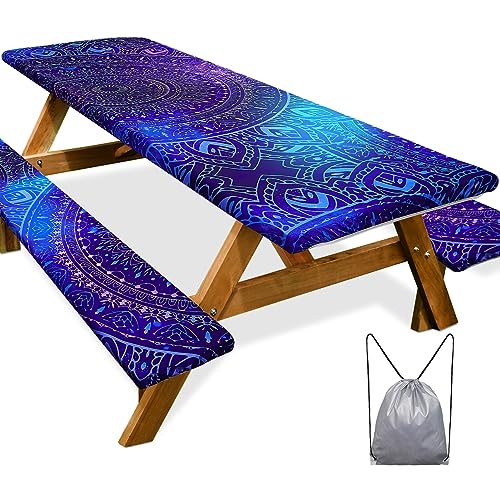 Picnic Table Cover with Bench Covers Camping Essentials Waterproof Windproof Camping Tablecloth with Drawstring Bag, Fitted Rectangle Tables and Seats, 96in, Blue Purple - color: Blue Purple, size: 96in