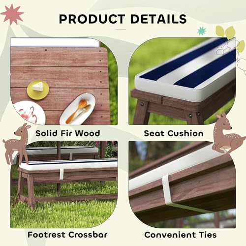 Qaba Kids Picnic Table, Outdoor Wooden Table & Bench Set with Cushions and Umbrella, Children Backyard Furniture for Patio, Garden, Navy Blue