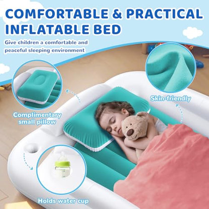Inflatable Toddler Travel Bed - 60 Inches Portable Toddler Bed for Travel with Safety Sides - Cozy Kids Air Mattress Set with High-Speed Pump & Carry Case - Easy to Inflate(Teal Blue) - color: Teal Blue
