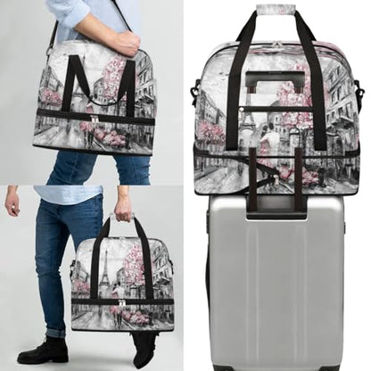 Eiffel Tower Foldable Travel Duffel Bag, Expandable Sports Gym Bag with Shoes Compartment Weekender Overnight Totes Bags for Women Men - color: Eiffel Tower