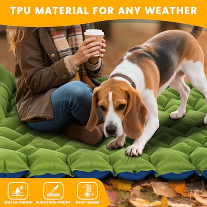 Camping Sleeping Pad, 4in Thick Ultralight Inflatable Camping Mat with Pillow, Built-in Foot Pump Sleeping Mat, Wide Compact Camping Pad for Travel Tent Hiking Backpacking Trip Car Camp Gear - color: Green+blue