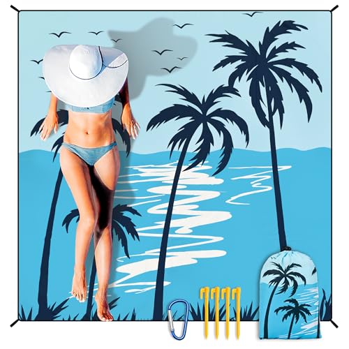 HIHOHO Beach Blanket Waterproof Sandproof Extra Large Beach Mat 79" X 83"/120"x108"for 1-8 Adults Quick Drying Durable Outdoor Picnic Mat for Beach Travel Camping Hiking - color: Coconut Tree - Blue Sky, size: 79" X 83"（1~3 person）