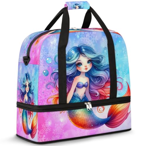 Cute Mermaid Girls Rainbow Travel Duffle Bags With Shoes Compartment for Women Men Weekender Overnight Bag Foldable Sports Tote Gym Carry On Luggage Handlebag for Travel Yoga Hospital Workout - color: B:Cute Mermaid Girls