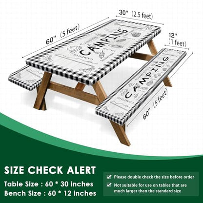 Picnic Table Cover with Bench Covers Elastic Edges, Farm Plaid Fitted Table Cover, Outdoor Patio Camping Essentials 60 Inch 3PCS, Waterproof Camping Fitted Tablecloth with Drawstring Bag - color: Plaid, size: 60in