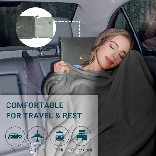 Travel Blanket and Pillow Set for Airplane, 300 GSM Soft Fleece Compact Travel Blanket with Inflatable Pillow and Carry Bag, 60x43 Inches, Grey - color: Grey