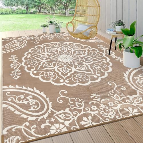 Pauwer Waterproof Outdoor Rug 8x10, Reversible Plastic Straw Patio Camping Rug, Indoor Outdoor RV Mat Carpet for Deck, Camper, Porch, Balcony, Backyard, Picnic, Boho Brown - color: Boho Brown, size: 8' x 10' (Rectangular)