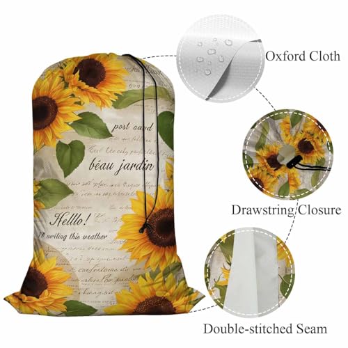 Swono Sunflowers Laundry Bag with Drawstring Straps, Heavy Duty Extra Large Laundry Bags for Laundromat Household, Hand Drawn Old Letters Floral Repeat Print Golden Blossom Travel Dirty Clothes Bag - color: Sunflowers