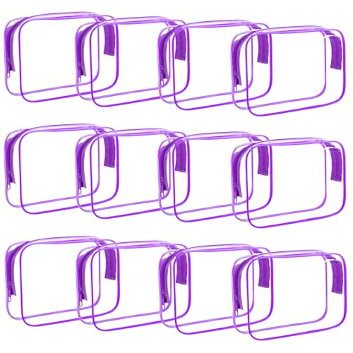 12 Pack Clear Makeup Bag, TSA Approved Toiletry Bag PVC Zippered Clear Cosmetic Pouch, Waterproof Vinyl Plastic Organizer Case for Travel Vacation Bathroom (Purple) - color: 12 Medium Purple