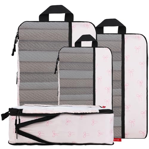 U+U 4 Set Compression Packing Cubes - Ultralight Travel Organizers, Space-Saving Suitcase Organizer, Expandable Packing Cubes for Travel, Business Trip and Family Vacation (Pink Bow) - color: Pink Bow, size: 4 Set