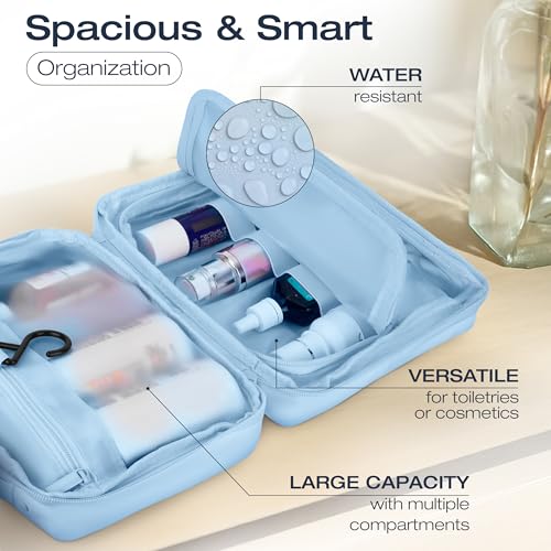 KAZAY Hanging Toiletry Bag with TSA Approved Detachable Pouch, Compact Travel Size Bag, Travel Toiletry Bag, Water Resistant, Premium Nylon, Travel Size Toiletries, Cosmetic Makeup Bag (Light Blue) - color: Light Blue
