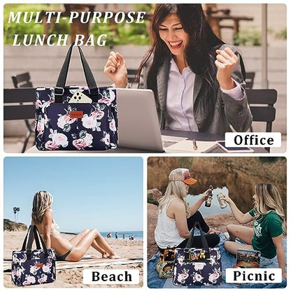 HSHRICH Large Peony Women's Lunch Bag, Insulated Aluminum Lunch Box with Side Pockets, Adjustable Carrying Options, Reusable and Easy to Clean - color: 05-Peony, size: Large