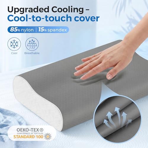 Elviros Cooling Memory Foam Pillow with Breathable Cover, Adjustable Height Bed Pillow for Neck Support, Ergonomic Cervica Neck Pillow for Side Stomach and Back Sleeper, Queen Size, 23.6"×14"×5.3" - color: Grey
