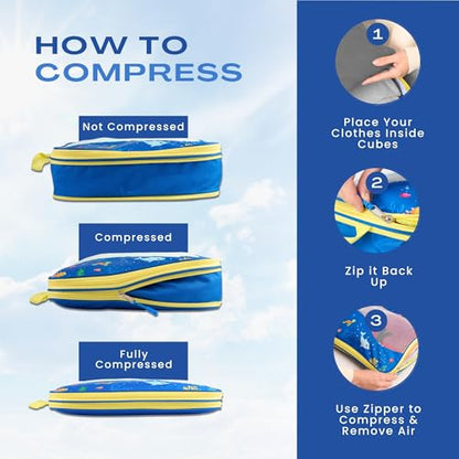 Kids Packing Cubes Compression, Luggage Packing Organization Cubes 4 Pack, Blue, 1 Small, 2 Medium, 1 Large, ocean blue - color: Underwater Sea World