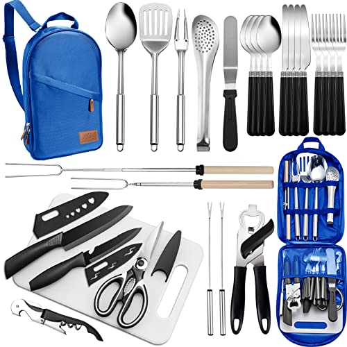 Portable Camping Kitchen Utensil Set-27 Piece Cookware Kit, Stainless Steel Outdoor Cooking and Grilling Utensil Organizer Travel Set Perfect for Travel, Picnics, RVs, Camping, BBQs, Parties and More - color: bule