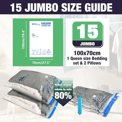 HIBAG 15 Jumbo Vacuum Seal Bags for Clothing, Vacuum Storage Bags for Clothes, Comforters, Blankets, Bedding (15J) - size: 15-Jumbo