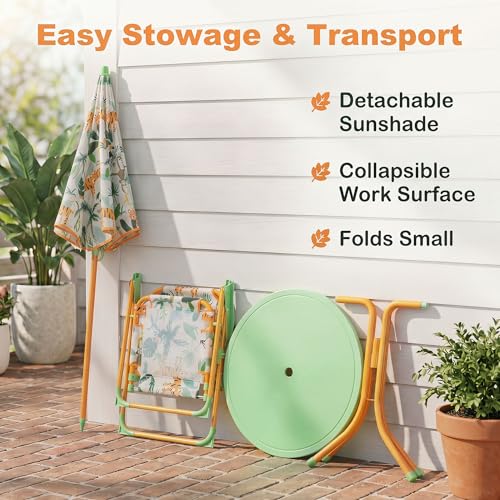 HONEY JOY Kids Picnic Table, Animal Themed Toddler Outdoor Table and Chair Set, 2 Folding Chairs & Removable Umbrella, Children Outdoor Furniture for Backyard Patio Garden (Green Tiger) - color: Green Tiger