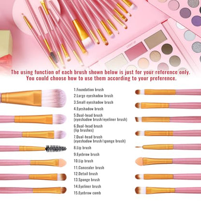 UCANBE Eyeshadow Palette with 15Pcs Brushes Makeup Set, Pigmented 86 Colots Make Up Pallet Gift Sets, Matte Shimmer Metallic Eye Shadow Highlighter Contour Blush Powder Christmas Valebtines Beauty Kit - color: Palette D + Pink Brush