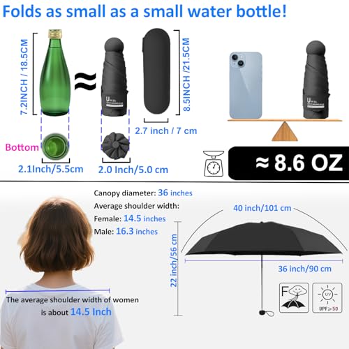 BAODINI Travel Essentials Mini Umbrella for Purse With Case Small Compact UV Sun Protection Lightweight Tiny Pocket Manual Open Close Umbrella for Women Kids and Men Fits Purse Backpack - color: A-2 Pack Black