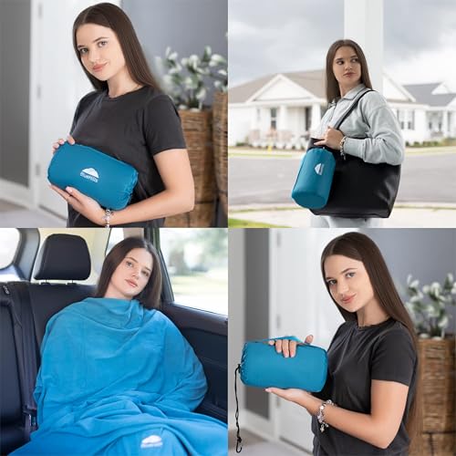 BlueHills Ultra Compact Travel Blanket in Portable Case Premium Soft Large Airplane Blanket Flight Essentials for Car Plane Train Hotel Layover Peacock Teal C004 - color: C004-teal